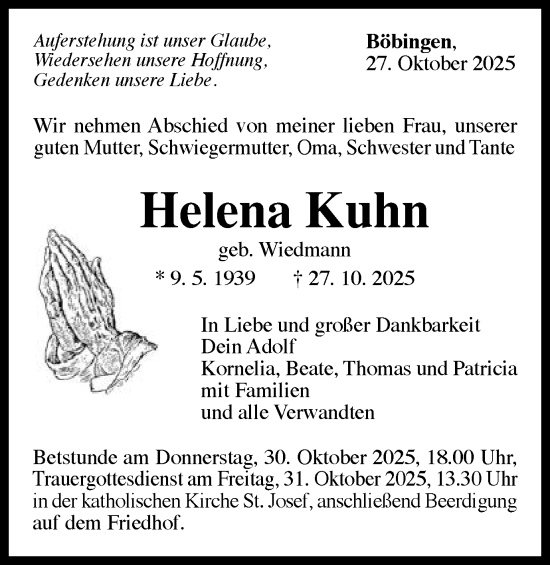 Traueranzeige von Helena Kuhn von Gmünder Tagespost