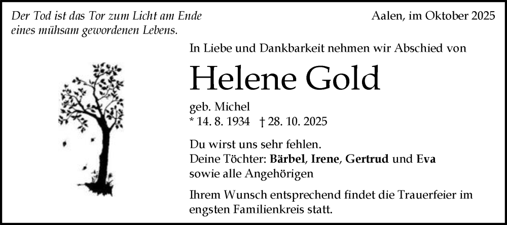  Traueranzeige für Helene Gold vom 31.10.2025 aus Schwäbische Post
