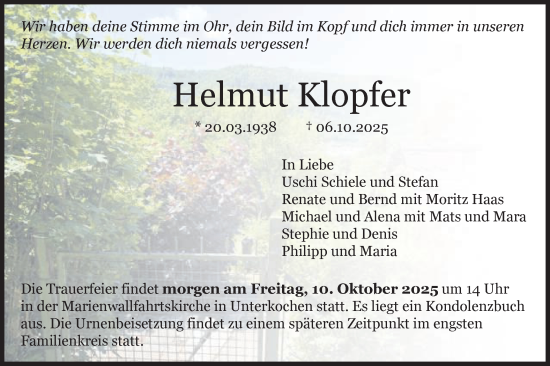 Traueranzeige von Helmut Klopfer von Schwäbische Post