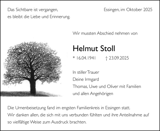 Traueranzeige von Helmut Stoll von Schwäbische Post