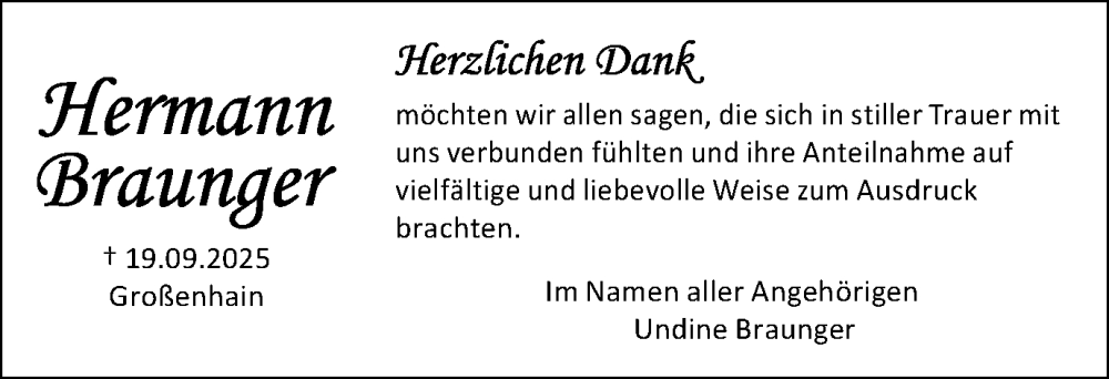  Traueranzeige für Hermann Braunger vom 25.10.2025 aus Schwäbische Post