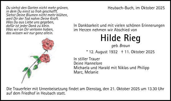 Traueranzeige von Hilde Rieg von Gmünder Tagespost