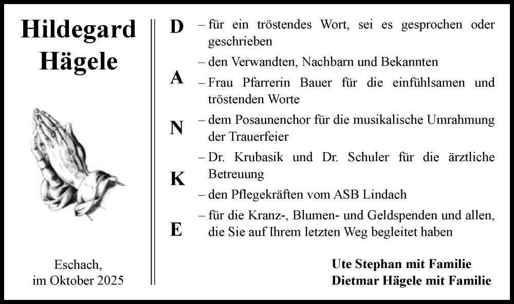 Traueranzeige für Hildegard Hägele vom 23.10.2025 aus Gmünder Tagespost