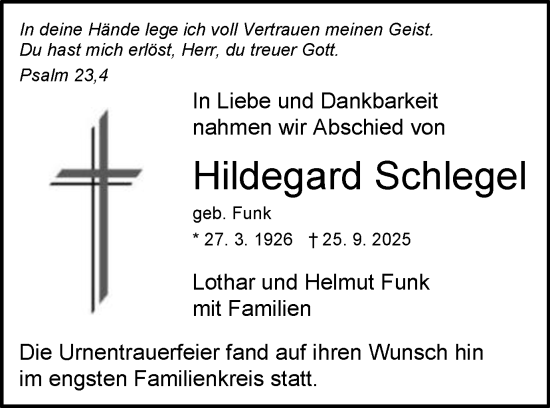 Traueranzeige von Hildegard Schlegel von Schwäbische Post