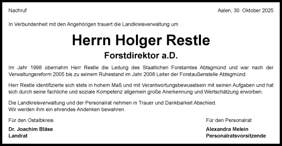 Traueranzeige von Holger Restle von Schwäbische Post