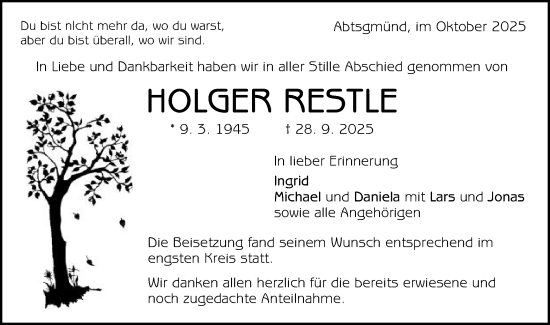 Traueranzeige von Holger Restle von Schwäbische Post