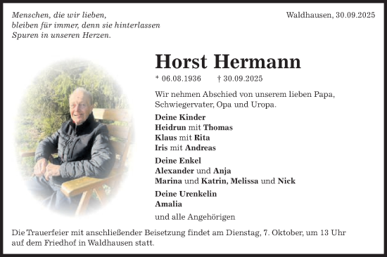 Traueranzeige von Horst Hermann von Schwäbische Post