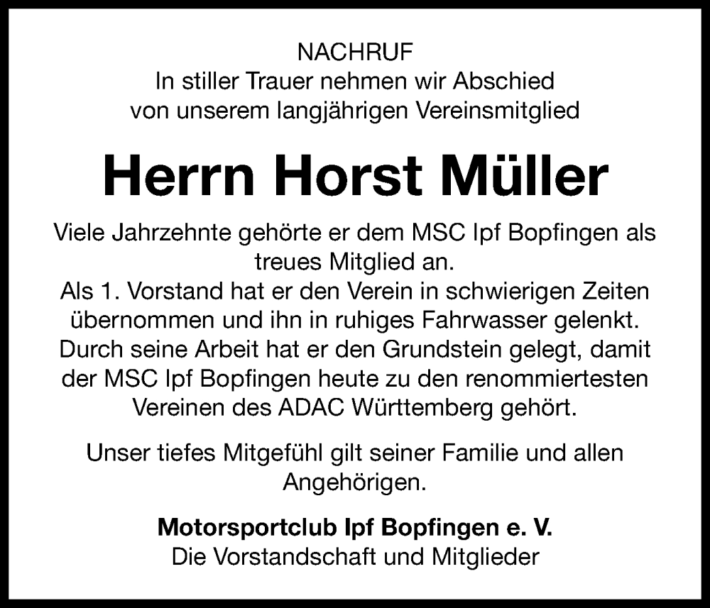  Traueranzeige für Horst Müller vom 11.10.2025 aus Schwäbische Post