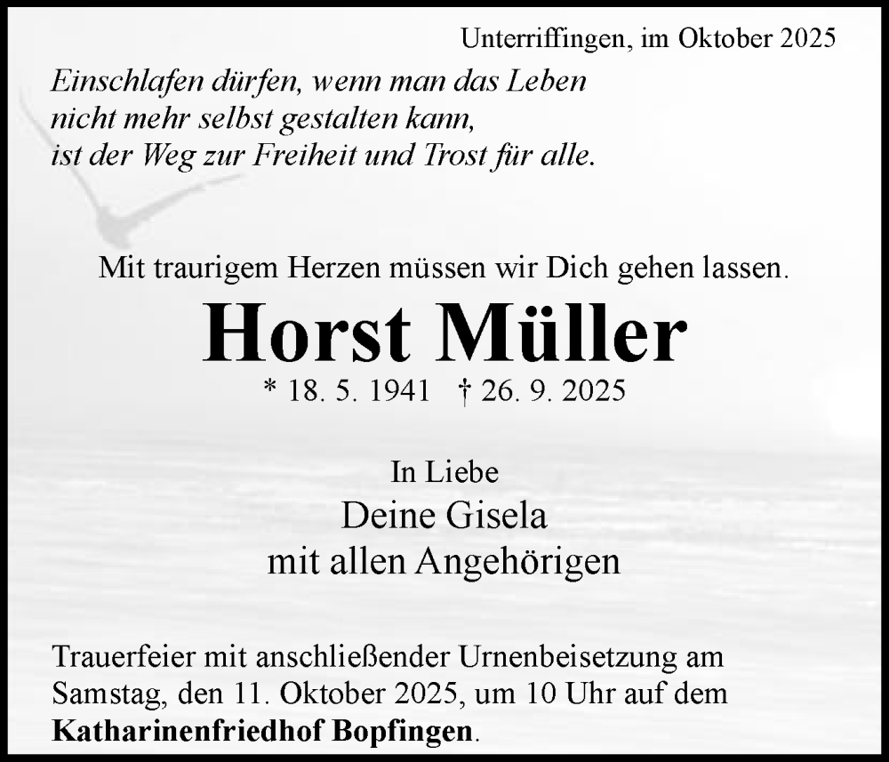  Traueranzeige für Horst Müller vom 08.10.2025 aus Schwäbische Post