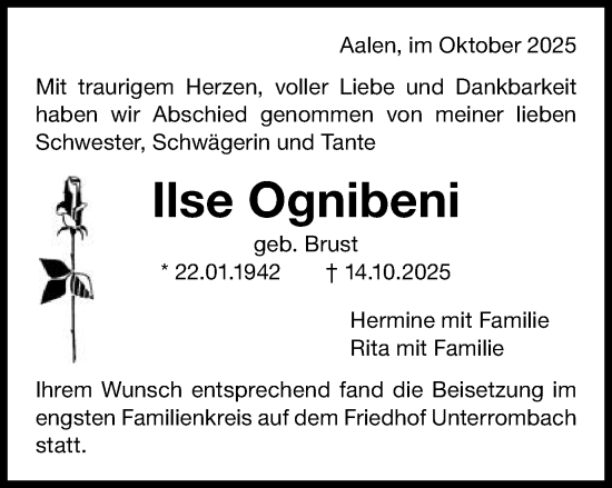 Traueranzeige von Ilse Ognibeni von Schwäbische Post