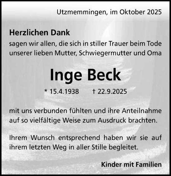 Traueranzeige von Inge Beck von Schwäbische Post