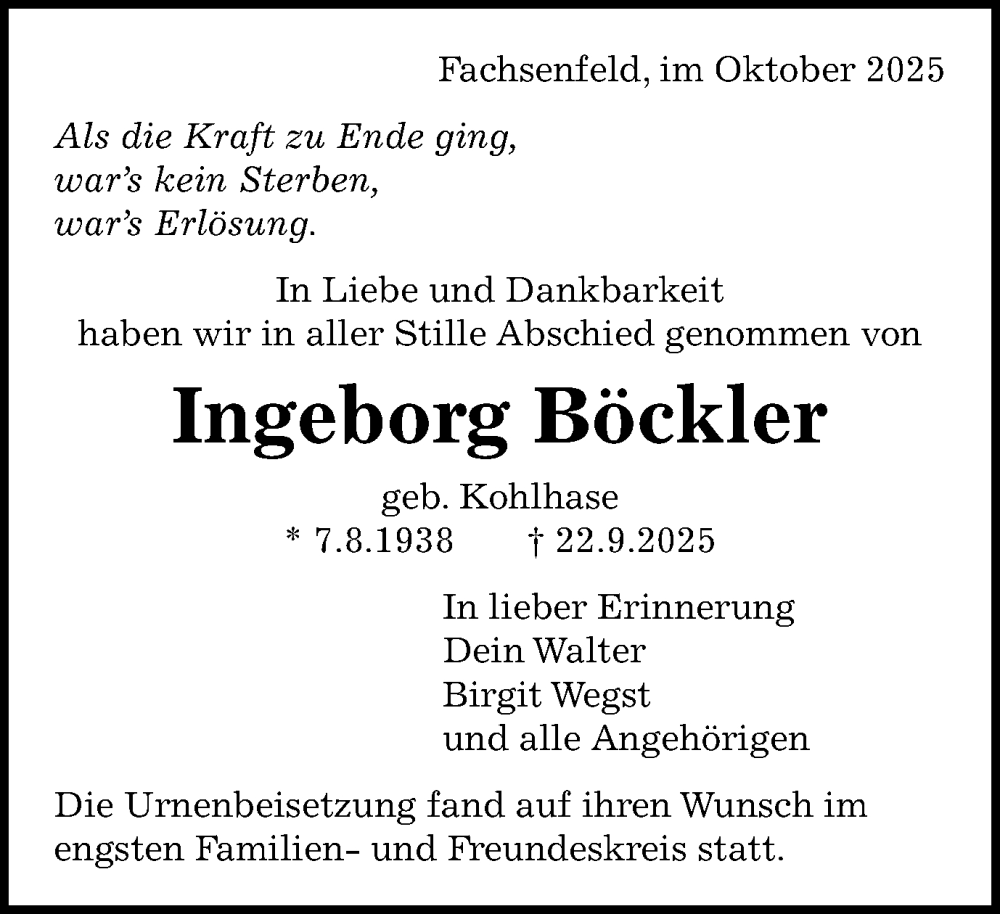  Traueranzeige für Ingeborg Böckler vom 11.10.2025 aus Schwäbische Post