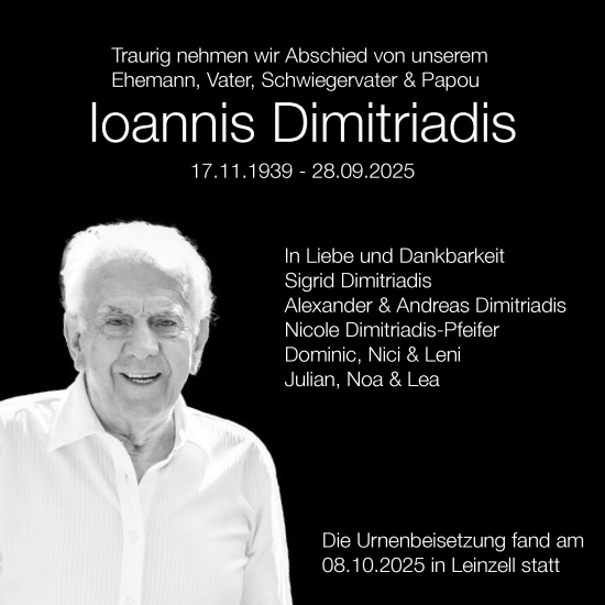 Traueranzeige von Ioannis Dimitriadis von Gmünder Tagespost