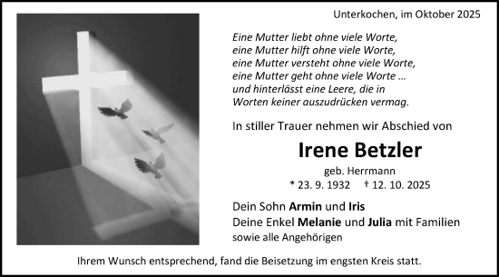 Traueranzeige von Irene Betzler von Schwäbische Post