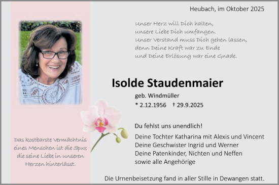Traueranzeige von Isolde Staudenmaier von Schwäbische Post