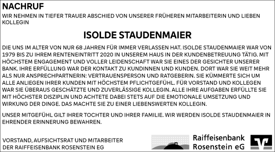Traueranzeige von Isolde Staudenmaier von Gmünder Tagespost