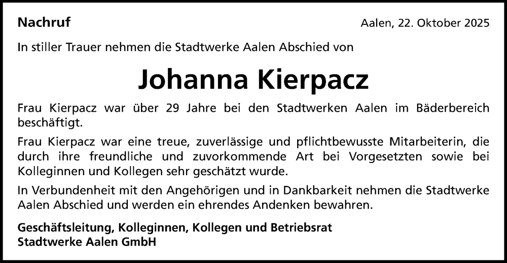  Traueranzeige für Johanna Kierpacz vom 25.10.2025 aus Schwäbische Post