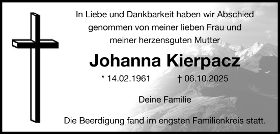 Traueranzeige von Johanna Kierpacz von Schwäbische Post
