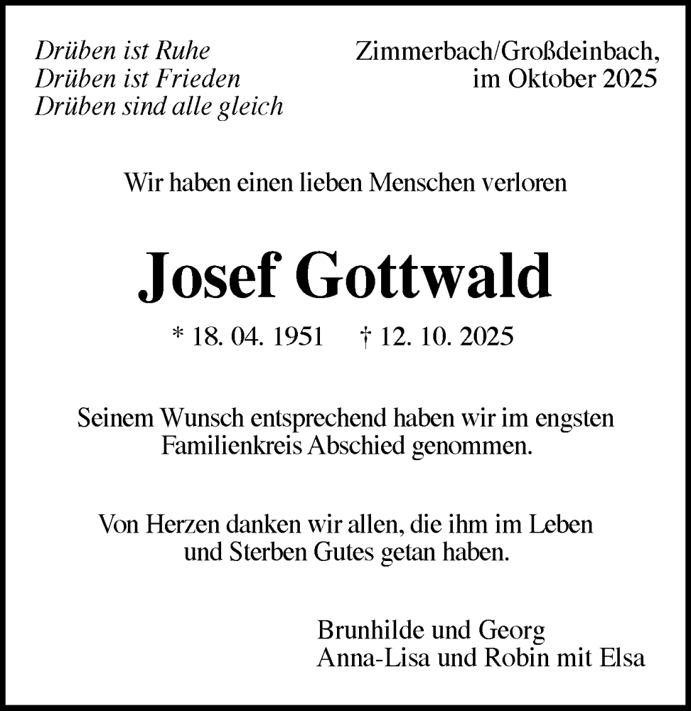  Traueranzeige für Josef Gottwald vom 25.10.2025 aus Gmünder Tagespost