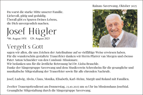 Traueranzeige von Josef Hügler von Schwäbische Post