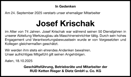 Traueranzeige von Josef Krischak von Schwäbische Post