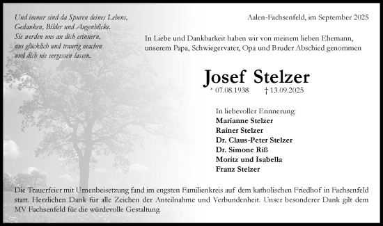 Traueranzeige von Josef Stelzer von Schwäbische Post