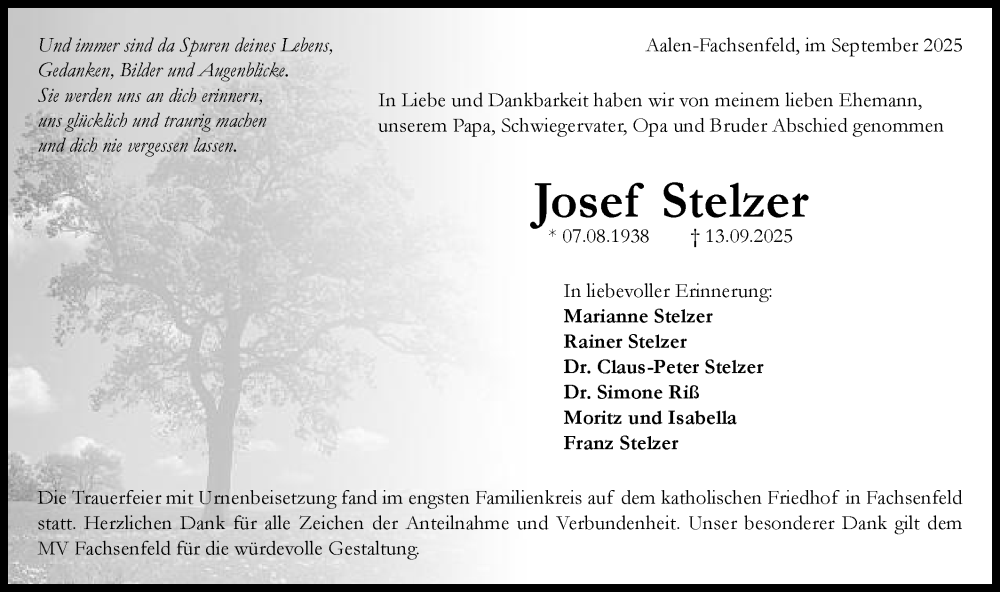  Traueranzeige für Josef Stelzer vom 11.10.2025 aus Schwäbische Post