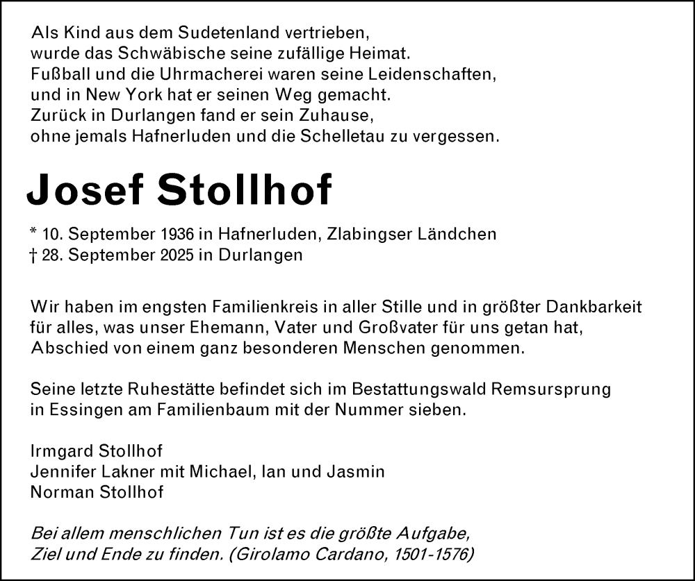  Traueranzeige für Josef Stollhof vom 18.10.2025 aus Gmünder Tagespost