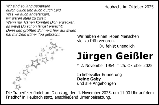 Traueranzeige von Jürgen Geißler von Gmünder Tagespost