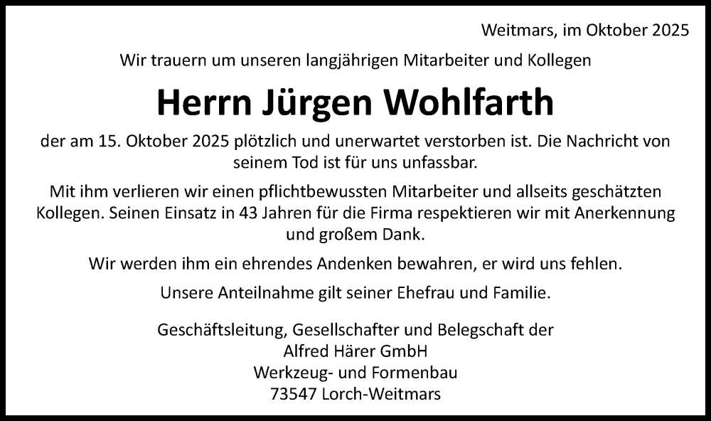  Traueranzeige für Jürgen Wohlfarth vom 22.10.2025 aus Gmünder Tagespost