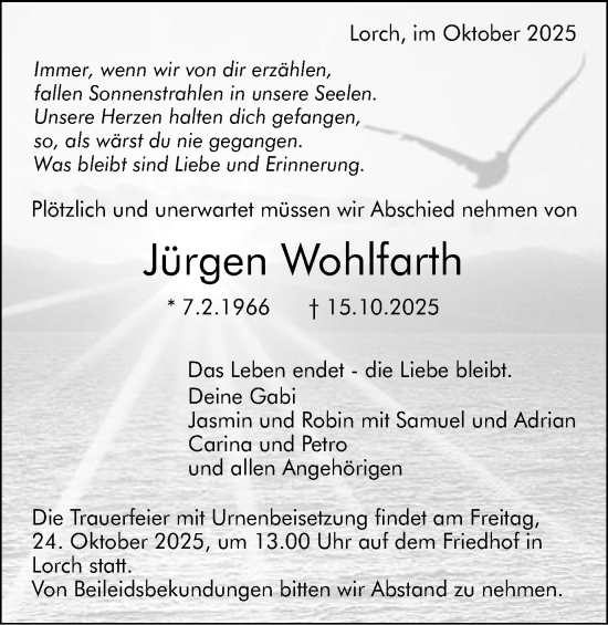 Traueranzeige von Jürgen Wohlfarth von Gmünder Tagespost