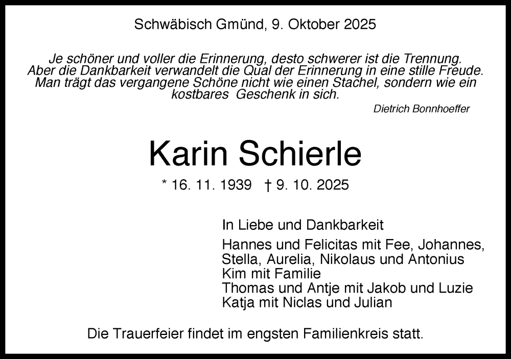  Traueranzeige für Karin Schierle vom 11.10.2025 aus Gmünder Tagespost