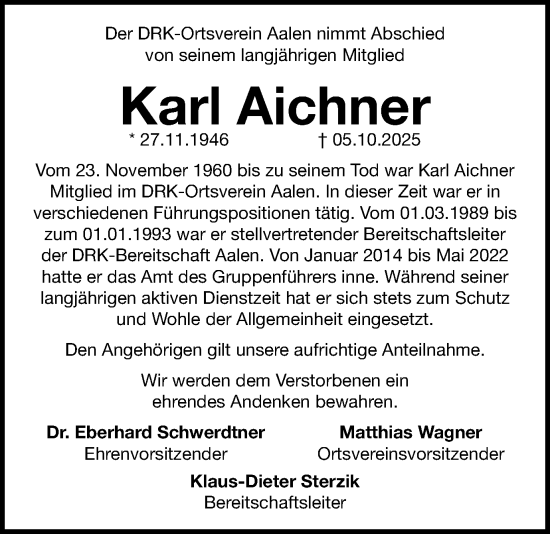 Traueranzeige von Karl Aichner von Schwäbische Post