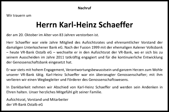 Traueranzeige von Karl-Heinz Schaeffer von Schwäbische Post