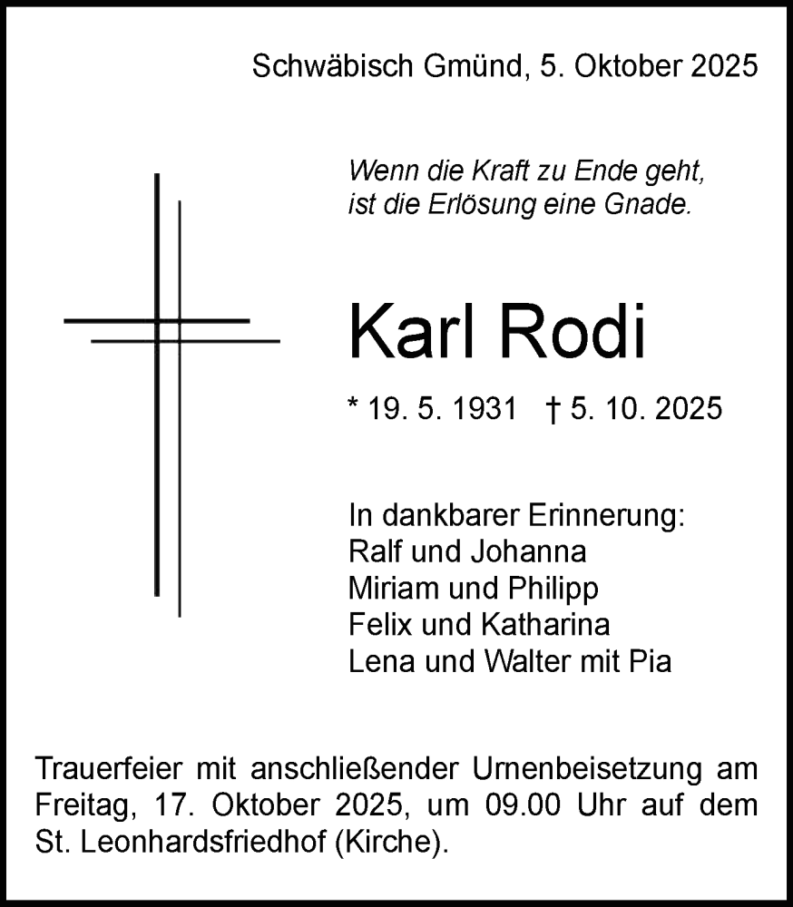  Traueranzeige für Karl Rodi vom 11.10.2025 aus Gmünder Tagespost