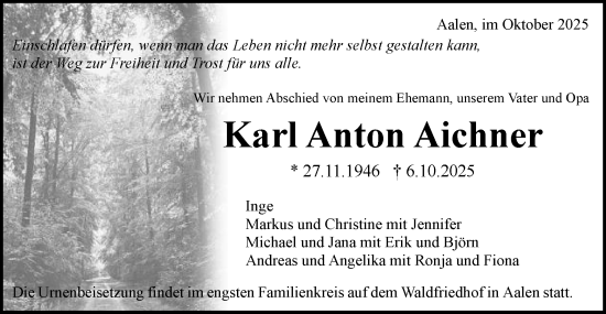 Traueranzeige von Karl Anton Aichner von Schwäbische Post