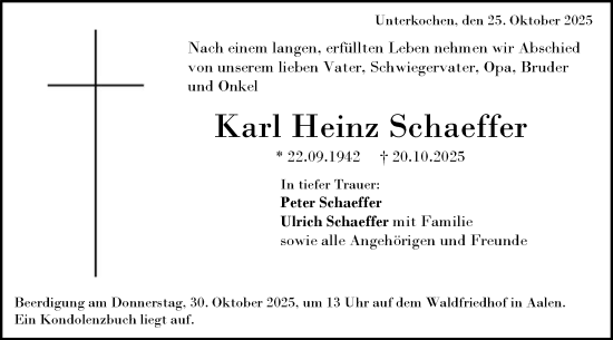 Traueranzeige von Karl Heinz Schaeffer von Schwäbische Post