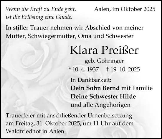 Traueranzeige von Klara Preißer von Schwäbische Post