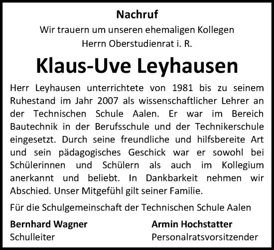 Traueranzeige von Klaus-Uve Leyhausen von Schwäbische Post