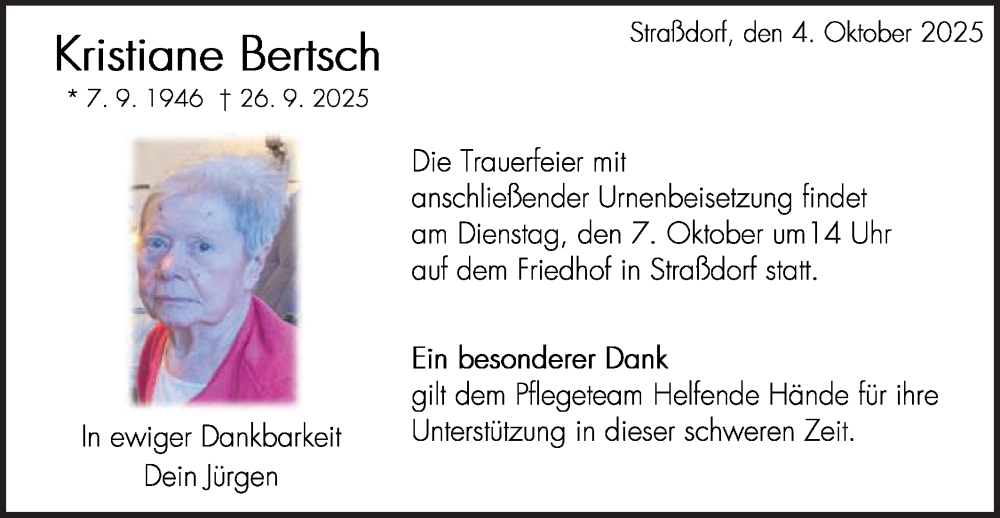  Traueranzeige für Kristiane Bertsch vom 04.10.2025 aus Gmünder Tagespost