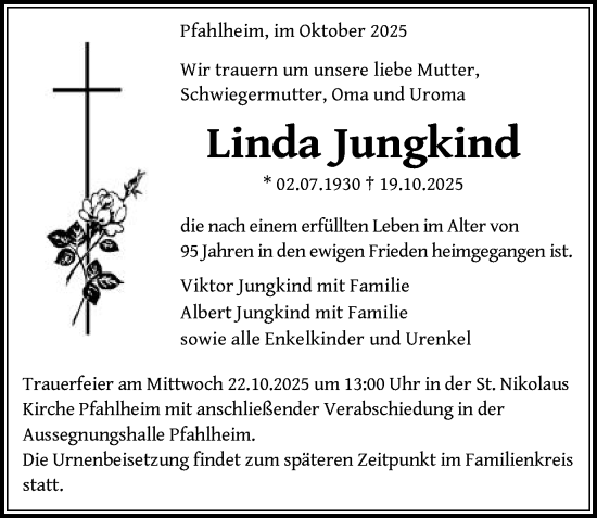 Traueranzeige von Linda Jungkind von Schwäbische Post