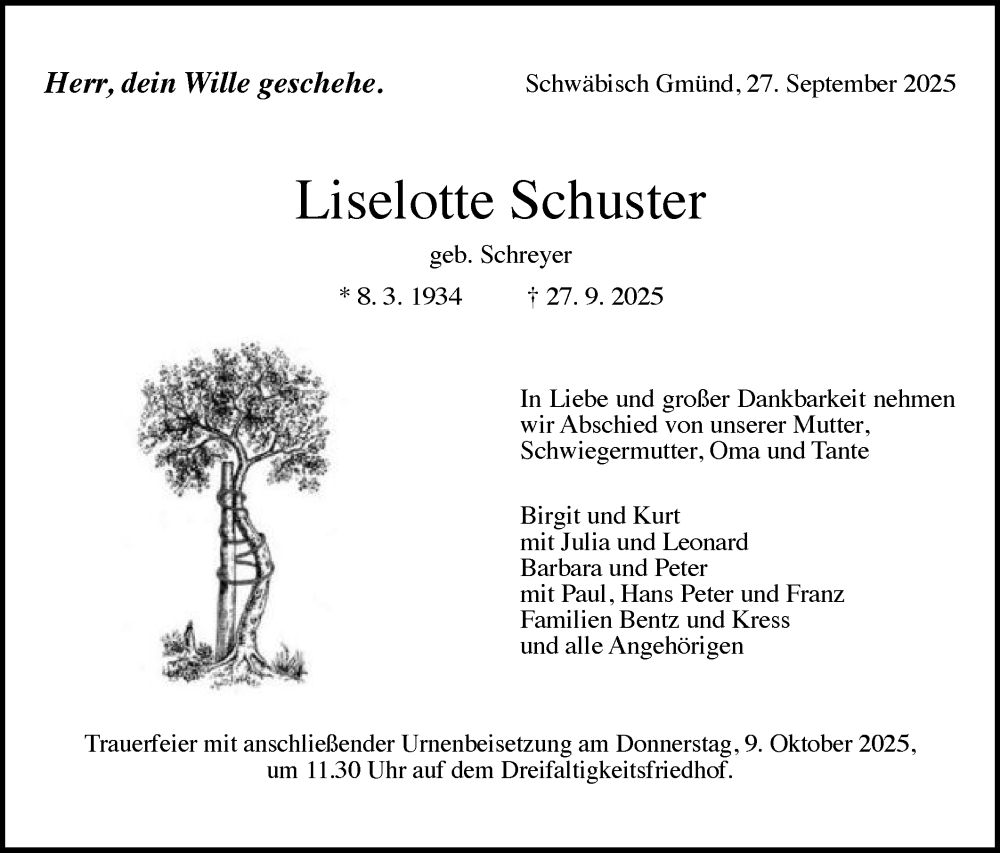  Traueranzeige für Liselotte Schuster vom 02.10.2025 aus Gmünder Tagespost