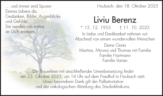 Traueranzeige von Liviu Berenz von Gmünder Tagespost