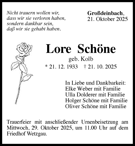 Traueranzeige von Lore Schöne von Gmünder Tagespost