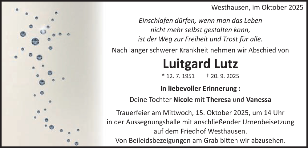  Traueranzeige für Luitgard Lutz vom 10.10.2025 aus Schwäbische Post