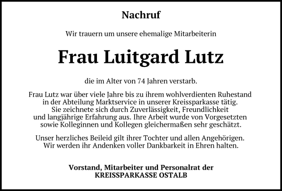 Traueranzeige von Luitgard Lutz von Schwäbische Post