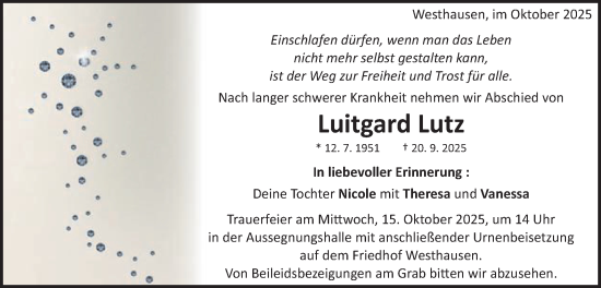 Traueranzeige von Luitgard Lutz von Schwäbische Post