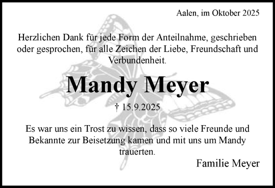 Traueranzeige von Mandy Meyer von Schwäbische Post