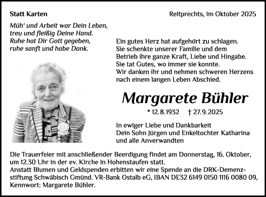 Traueranzeige von Margarete Bühler von Gmünder Tagespost