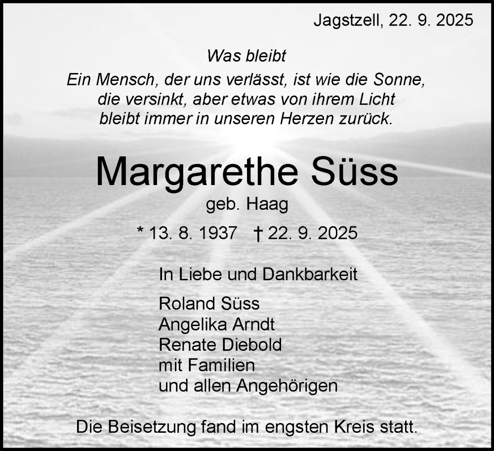  Traueranzeige für Margarethe Süß vom 04.10.2025 aus Schwäbische Post